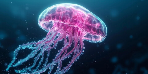 Poster - glowing bioluminescent jellyfish drifts gracefully in deep ocean, its vibrant colors illuminating surrounding water with mesmerizing glow