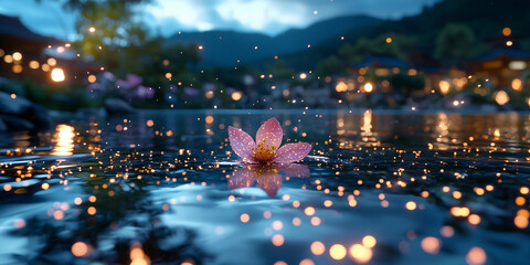 Poster - serene lotus flower floats on tranquil pond, surrounded by glowing lights, creating magical atmosphere in peaceful garden setting