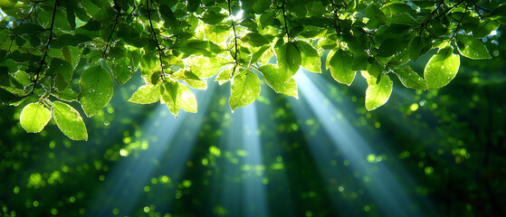 Poster - Sunlight beams gently pierce through lush green leaves, creating serene and vibrant atmosphere in dense forest. interplay of light and shadow enhances natural beauty