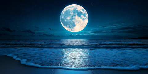 Poster - glowing moonlight reflects on calm ocean waves, creating tranquil and serene night scene. bright moon illuminates water, enhancing peaceful atmosphere of seascape