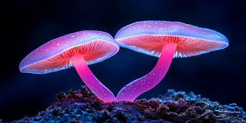 Poster - Glowing mushrooms in dark enchanted forest emit magical bioluminescent light, creating mystical atmosphere