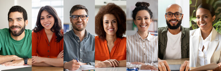 Poster - A diverse team of professionals is sitting together in a well-lit office, sharing smiles and presenting a collaborative atmosphere. They wear casual clothing and engage in discussions.