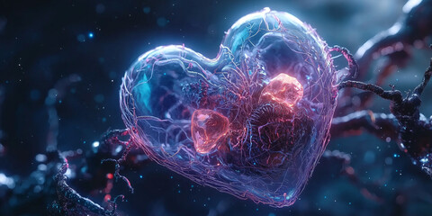 Poster - glowing neon heart with intricate details on dark background symbolizes love and connection, surrounded by mysterious, ethereal atmosphere