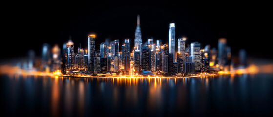 Poster - vibrant cityscape with glowing neon lines outlines skyline, reflecting on calm surface, creating futuristic and dynamic atmosphere