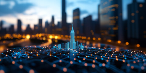Poster - glowing outline of city skyline at dusk captures vibrant energy of urban life, with illuminated buildings and network of lights creating futuristic atmosphere