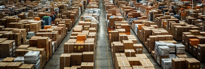Poster - An extensive warehouse storage space filled with neatly arranged transport boxes and packages ready for distribution. Industrial logistics and supply chain management in a modern setting.