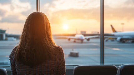 Poster - Traveler waits at the gate, watching airplanes take off into the sunset, excited for her upcoming flight and the journey ahead