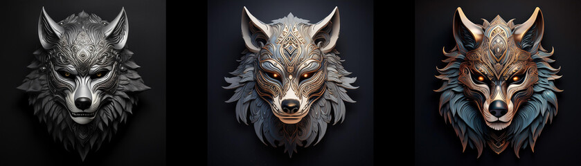 Aufkleber - Three wolf masks are isolated against a black background.