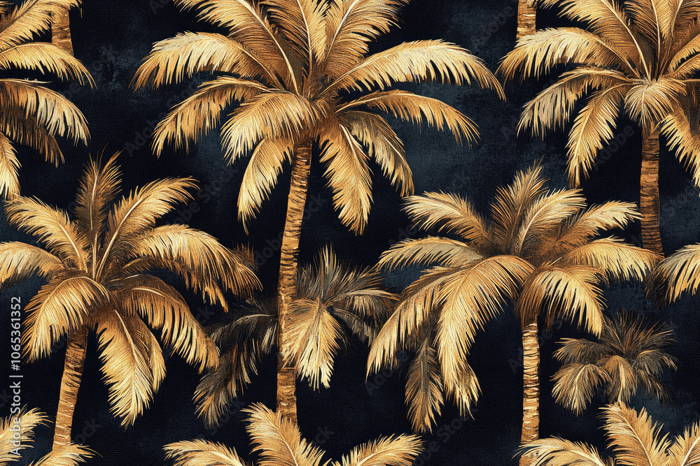 Elegant tropical palm tree seamless pattern with golden leaves on dark ...