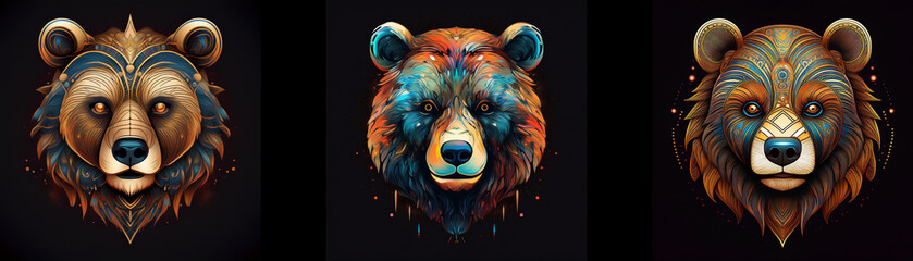 Poster - Three bear heads with colorful patterns against a black background.