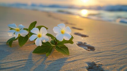Poster - Flowers Beside Footprints on Sandy Beach at Sunrise