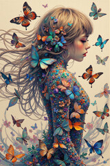 Poster - An abstract artwork of a beautiful woman whose dress and hair are mixed with tiny flowers and colorful butterflies - Generative AI
