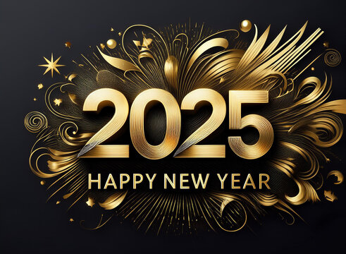 2025 Happy New Year gold logo text design on black background