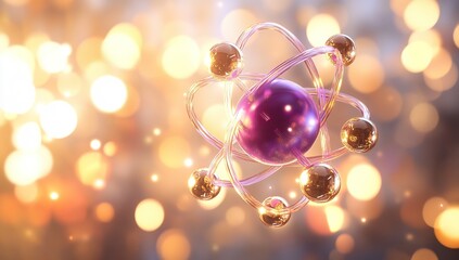 3D rendering of an atom with protons and electrons on a blurred background