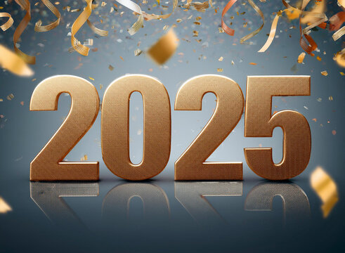 Happy New Year 2025. Realistic 3d number with falling confetti on bright background
