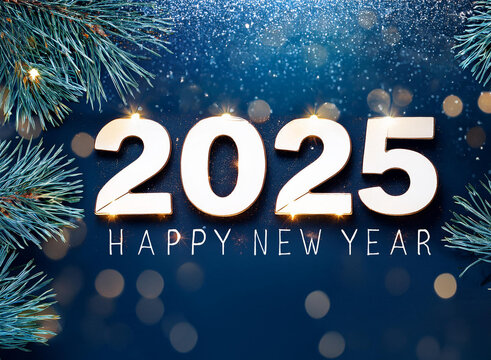 Happy New Year 2025 sparkling design of numbers on dark blue background with lights, pine branches
