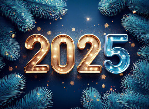 Happy New Year 2025 sparkling design of numbers on dark blue background with lights, pine branches