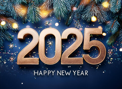 Happy New Year 2025 sparkling design of numbers on dark blue background with lights, pine branches