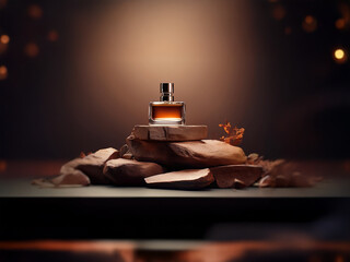 Aufkleber - A glass perfume bottle with a brown liquid sits atop a stack of weathered stones in a dimly lit setting.