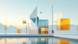 © Carmen Steiner - Futuristisches Architekturdesign aus 2D Elementen und 3D Elementen, mit schwebenden geometrischen Formen und dynamischer Beleuchtung