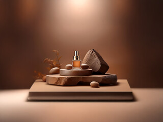Aufkleber - A glass bottle of amber liquid sits on a wooden podium, surrounded by stones and branches.  A single spotlight shines down, casting warm light on the scene.