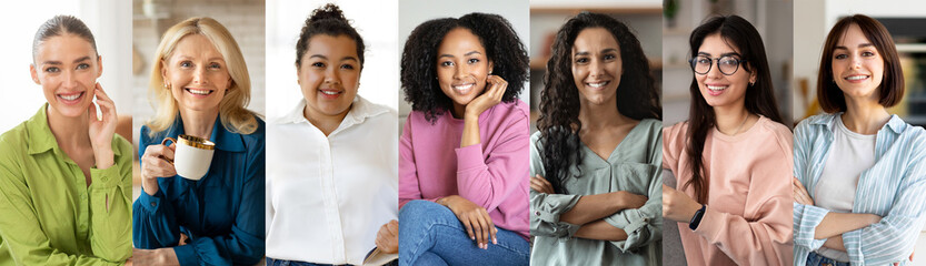 Wall Mural - Seven women of various backgrounds are gathered and smiling together in a cozy indoor setting, showcasing friendship and unity, each dressed in colorful attire.