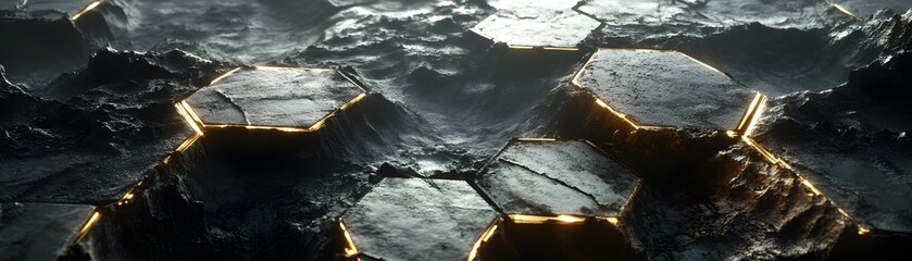 Poster - Glowing Golden Edges on Rough Hexagon Shaped Stones