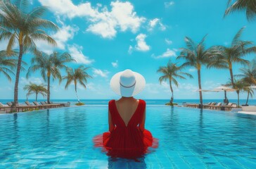 Poster - Woman in red dress and white hat sitting in infinity pool in luxury resort hotel with palm trees, blue sky, ocean view, sun glare