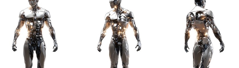 Poster - Three Poses of a Chrome Android Robot with Glowing Lights