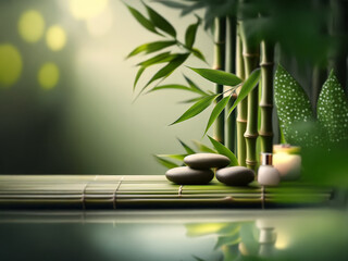 Poster - A spa-like setting with bamboo stalks, green leaves, and smooth gray stones arranged on a bamboo mat.  A small candle sits beside the stones.