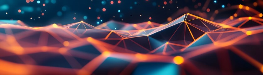 Poster - Abstract 3D Wireframe Landscape with Glowing Lines and Bokeh Lights