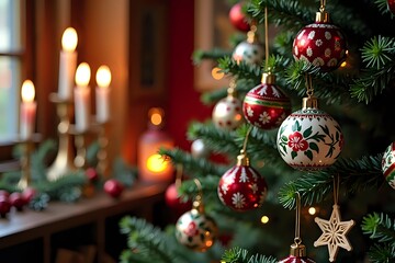 Polish Christmas tree decorated with hand-painted glass baubles, straw stars and paper garlands radiating the warmth of candles, vintage holiday decor, copy space at left