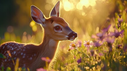 Wall Mural - A fawn with brown and white spotted fur stands in a field of wildflowers, bathed in the warm golden light of the setting sun.