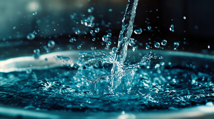 Poster - Water cascading into a metallic basin creates ripples and splashes in a well-lit indoor setting during the afternoon
