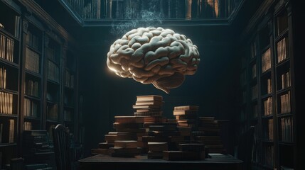 Poster - A creative brain shape floats over stacked old books in a dark, cozy room, representing endless knowledge and discovery