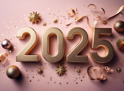 Happy New Year 2025. Realistic 3d number with falling confetti on bright background