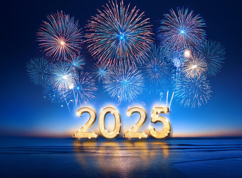 2025 Happy New Year Celebration With Glitter And Fireworks In Blue Eve Night