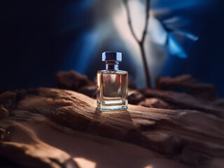 Poster - A small glass bottle of perfume sits on a piece of driftwood with a blurred background.