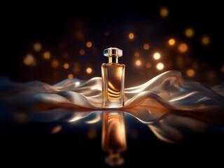 Aufkleber - A glass bottle of perfume sits on a silky fabric with a soft golden glow emanating from behind.
