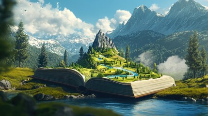 Poster - An open book with a magical landscape emerging, featuring mountains, trees, and rivers, creating a fairytale scene