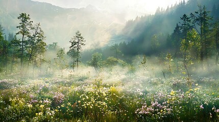 Sticker - Misty Morning Meadow with Mountain Peaks in the Background.