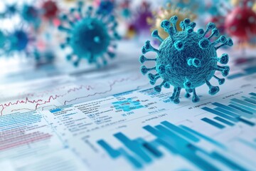 Poster - COVID-19 virus visualization with research data and stats on a lab table