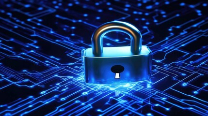 Poster - Close-up of glowing padlock icon surrounded by network lines and matrix code, high-tech security theme