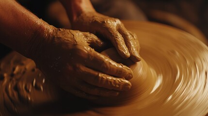 Poster - Close-up of potter hands shaping clay on spinning wheel, focus on hands and clay, warm studio lighting