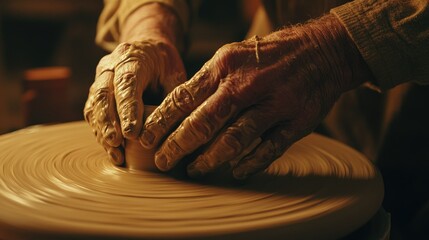 Poster - Close-up of potter hands shaping clay on spinning wheel, focus on hands and clay, warm studio lighting