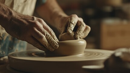 Poster - Craftsperson hands sculpting clay on potter wheel, traditional pottery process, artistic background