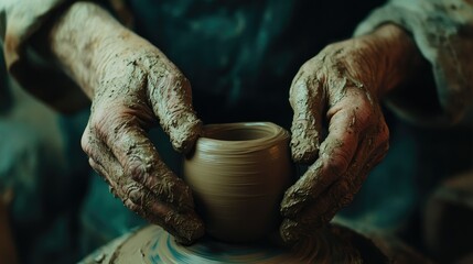 Poster - Craftsperson hands sculpting clay on potter wheel, traditional pottery process, artistic background