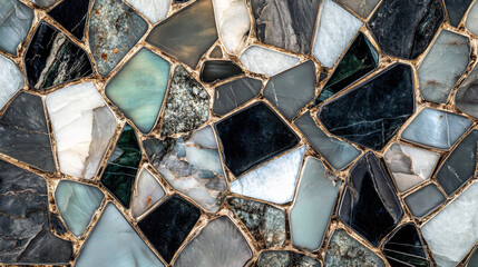 Abstract Mosaic with Marble and Gemstone Patterns in Gold Outlines for Elegant Interior Design and Backgrounds