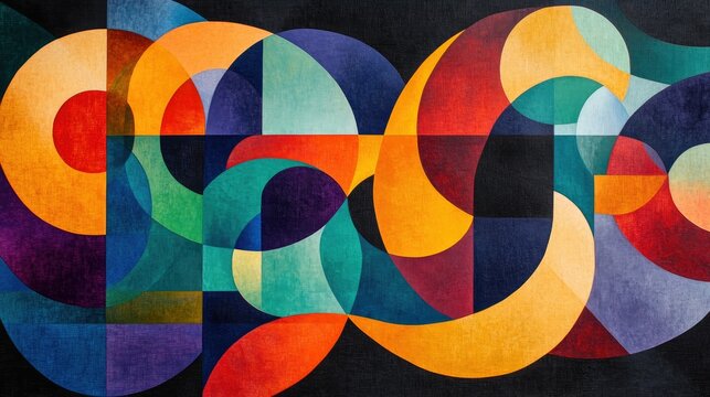 Dynamic geometric shapes in vibrant colors arranged abstractly, evoking movement and creativity