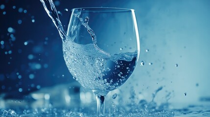 Poster - Fresh water splashing as it poured from bottle into glass, elegant and refreshing on vivid blue background